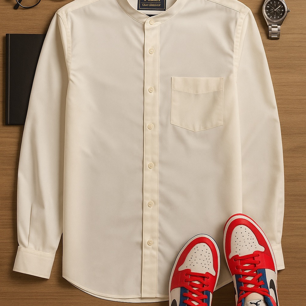 FLEX White Mandarin Collar Dress Shirt | Size L | Designed in Italy